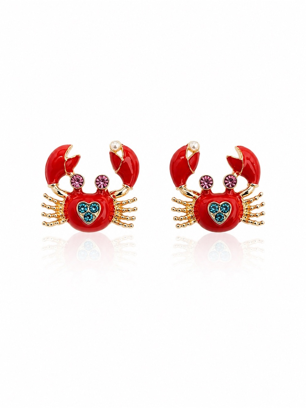 Gold-Tone Red Crab Stud Earrings with Teal Accent